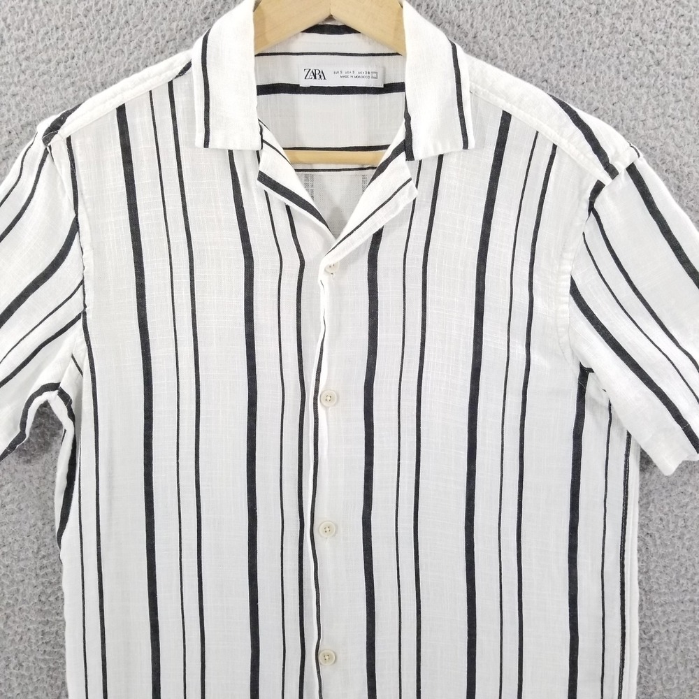 Zara Shirt Mens Small White Black Striped Camp Resort Poolside Vacation Travel
